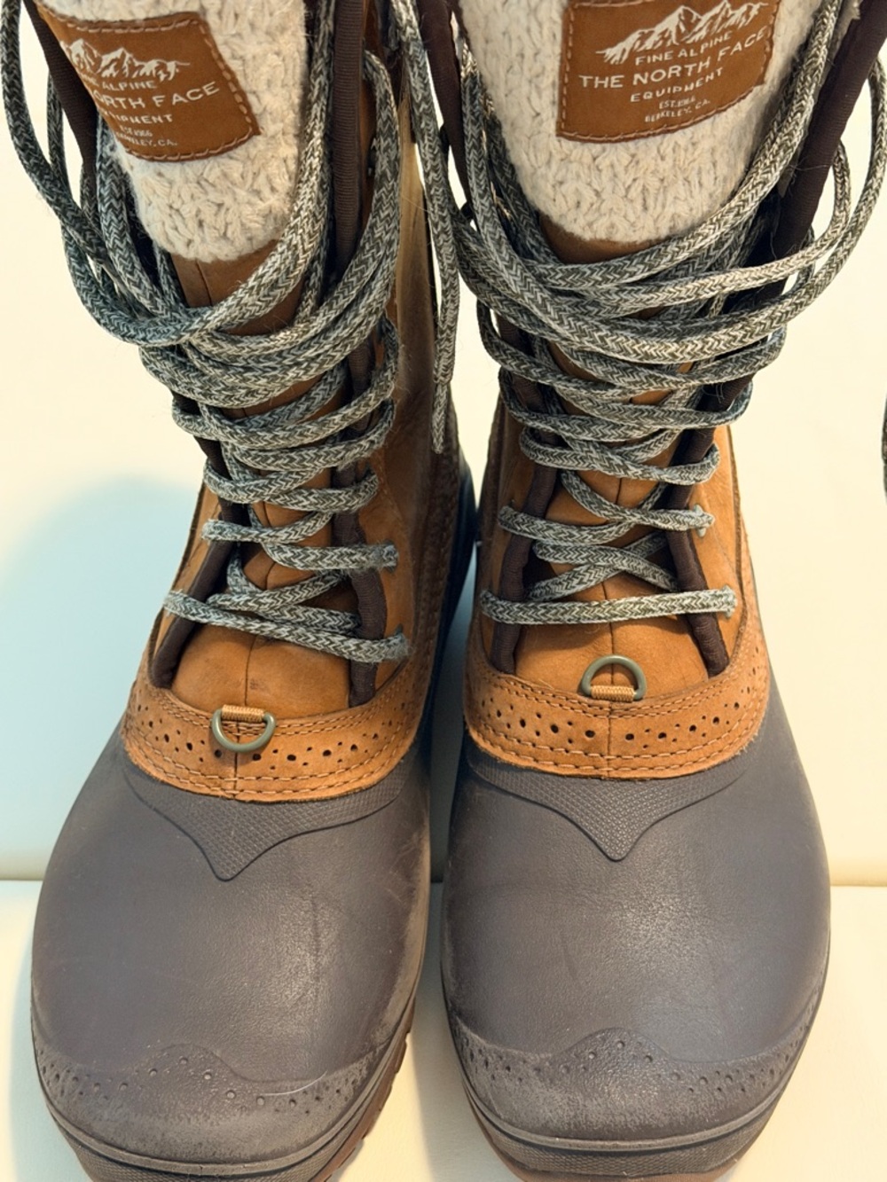The North Face Tan Brown Leather Lace-Up Winter Boots with Knit Collar